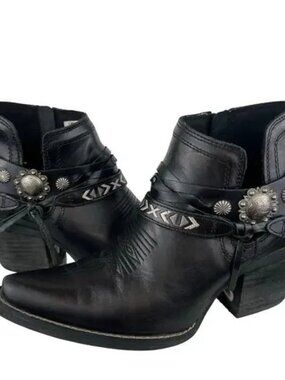DURANGO CRUSH Black LEATHER Booties CONCHO WRAPS! Western Snip toe 8.5